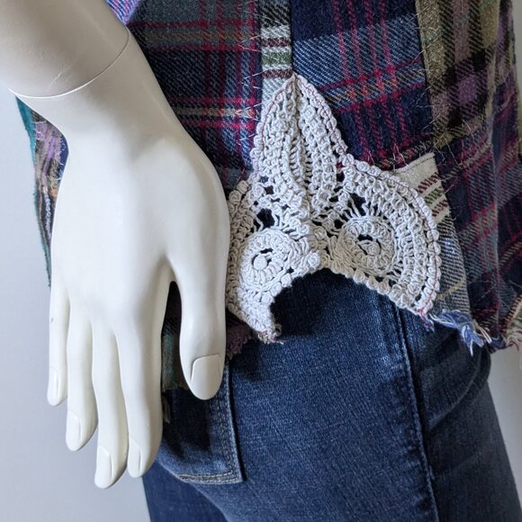 We The Free - "Lost in Plaid" Patchwork Crochet Sleeveless Shirt - Size S - Picture 6 of 9